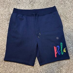 Polo Ralph Lauren Men's Size M Navy Blue Fleece Sweat Shorts Paint Logo Pony 8”